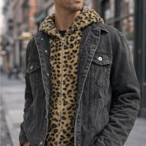 Men's Black Denim Jacket with Leopard Print Hoodie